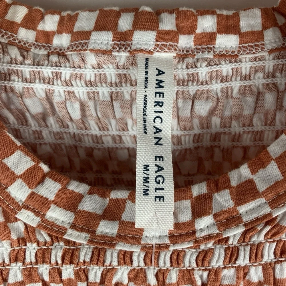 NWT American Eagle Smocked Baby Tee Women's Medium NEW Checkered 100% Cotton AE